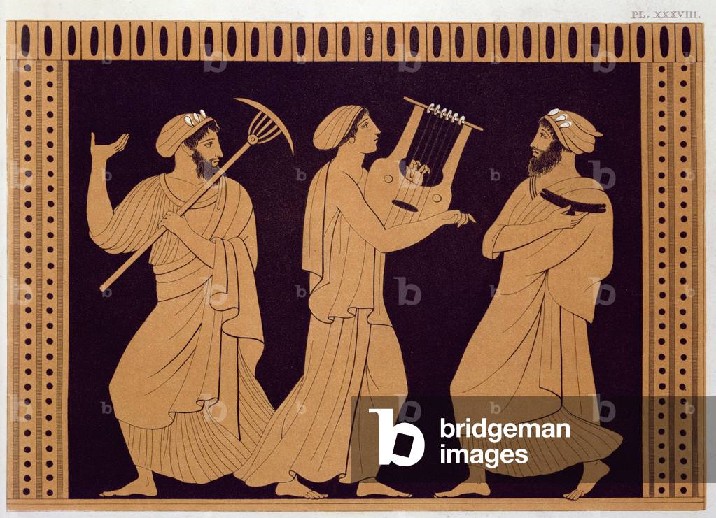 Ancient Greek theatre scene, after an antique vase (colour engraving)