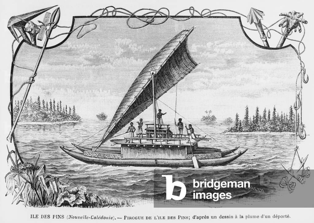 New Caledonia, pirogue of the Isle of Pines, after a pen and ink drawing of a deportee, illustration from the bulletin 'Les Missions Catholiques', 1893 (engraving)