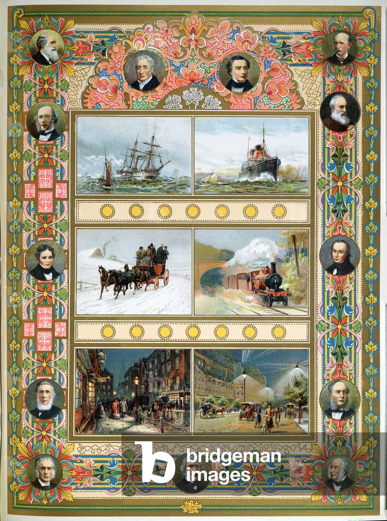 Progress during the reign of Queen Victoria (1819-1901).  Sailing ships, steam ships, steam train and gas and electric street lighting, 1887 (colour litho)