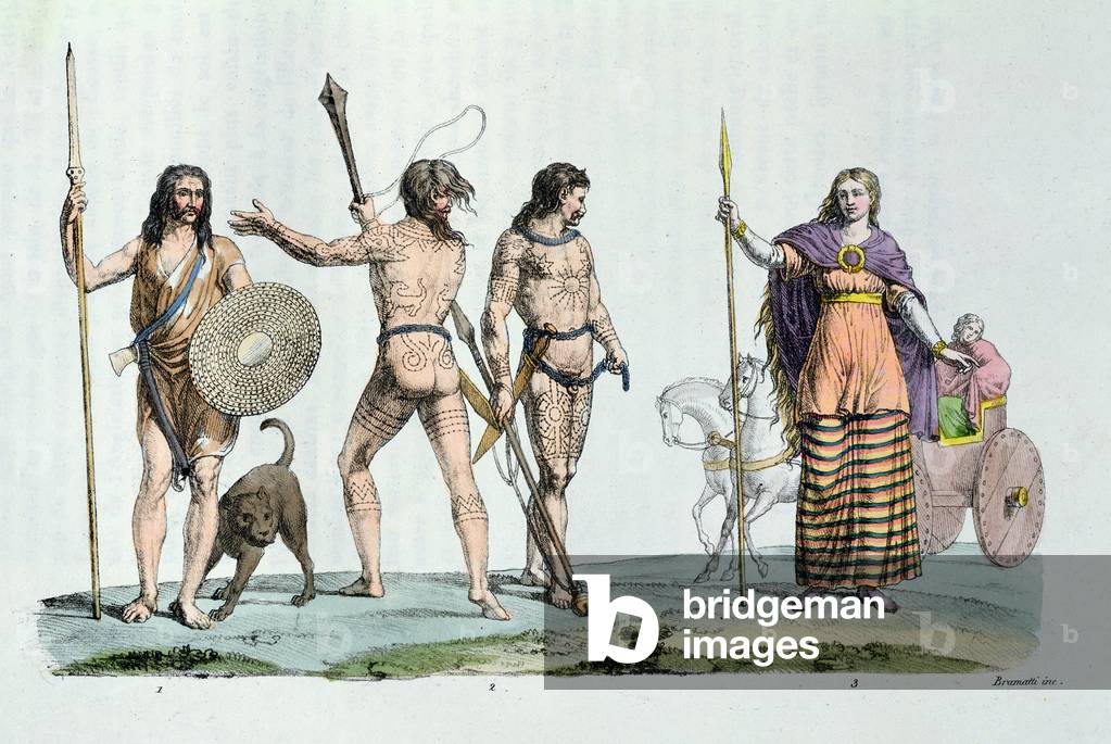 Celtic people at the time of Julius Caesar, illustration from 'Le Costume Ancien ou Moderne', by Jules Ferrario, published in Milan around 1820 (colour engraving)