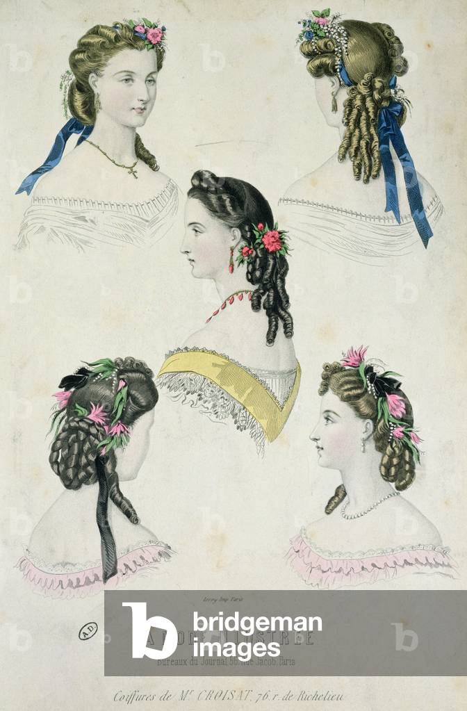 Hairstyles of Monsieur Croisat, from 'La Mode Illustrée', 1865 (coloured engraving)