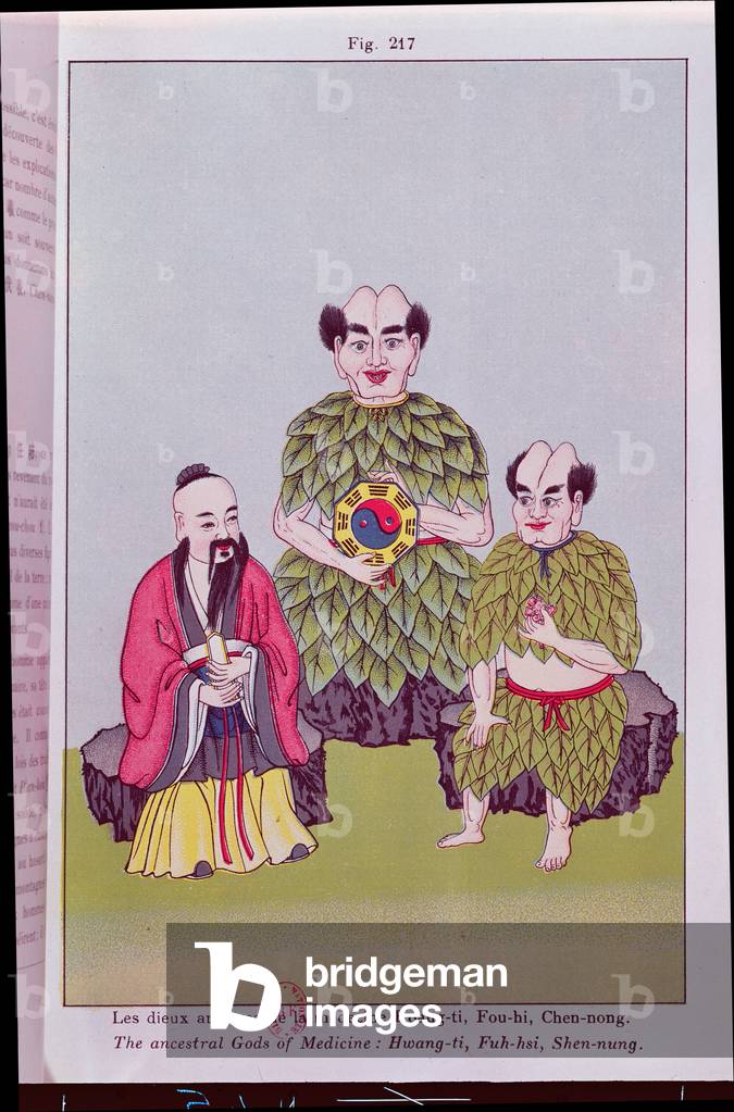 The Ancestral Gods of Medicine: Hwang-ti, Fuh-hsi holding the T'ai-ki, Shen-nung tasting a medicinal plant, illustration after popular chinese pictures (colour engraving)