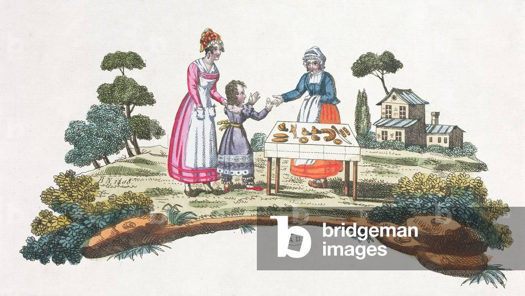 Seller of Pain d'Epices, design for a fan, c.1820-30 (colour litho)