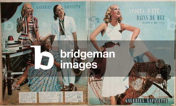 Advertisement for summer clothes from 'Galeries Lafayette', 9th May 1939 (colour litho)