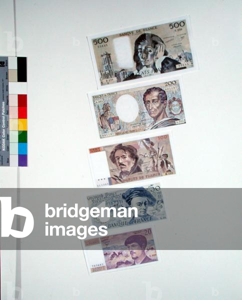 Selection of French banknotes including the Debussy 20 franc note, the 1976 Quentin de la Tour 50 franc note, the 1978 Delacroix 100 franc note, the 1981 Montesquieu 200 franc note and the 1968 Pascal 500 franc note (ink on paper)
