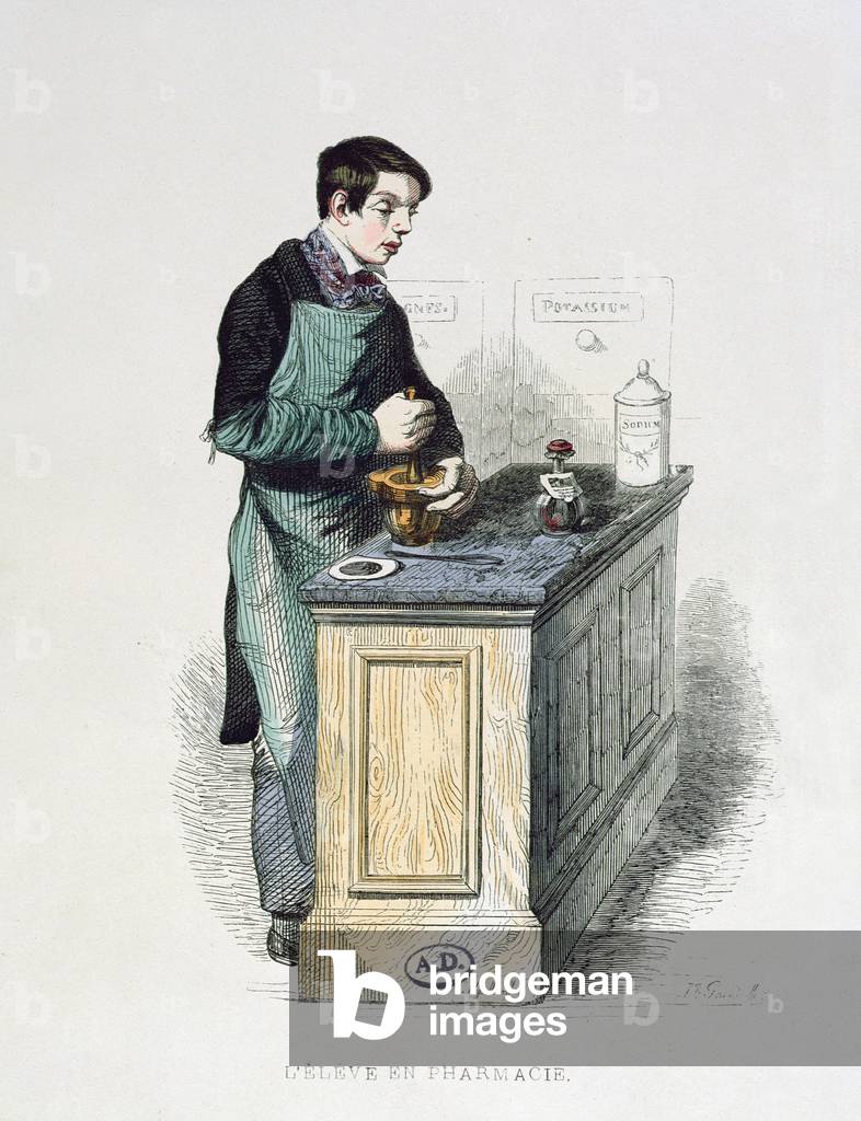 A Pharmacy Student preparing medicine, illustration from 'Les Francais peints par eux-memes', Editions L. Curmer, 1841 (colour engraving)