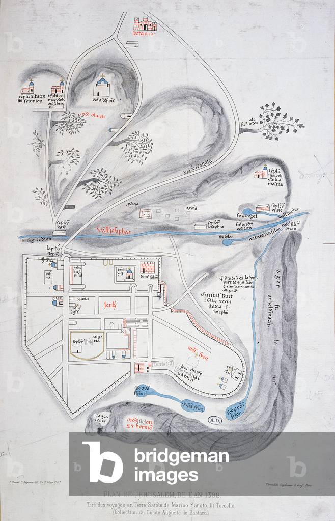 Plan of Jerusalem in 1308, illustration from a facsimile edition of 'Liber de Expeditione Terrae Sanctae' by Marino Sanuto di Torcello (c.1260-1338) (colour litho)