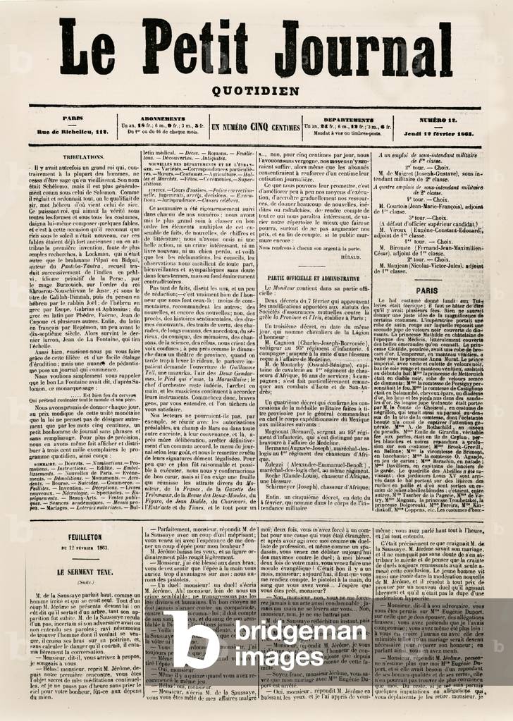Title Page of daily paper 'Le Petit Journal', 12th February 1863 (print) (b/w photo)
