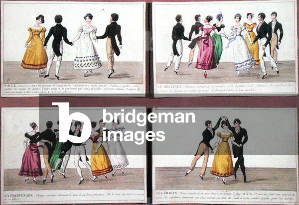 Parlour game cards depicting different dances, c.1820-30 (colour litho)