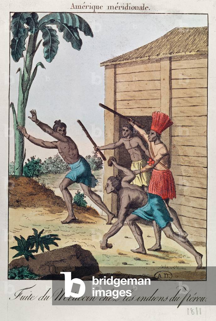 A doctor running from Peruvian indians, 1811 (coloured engraving)