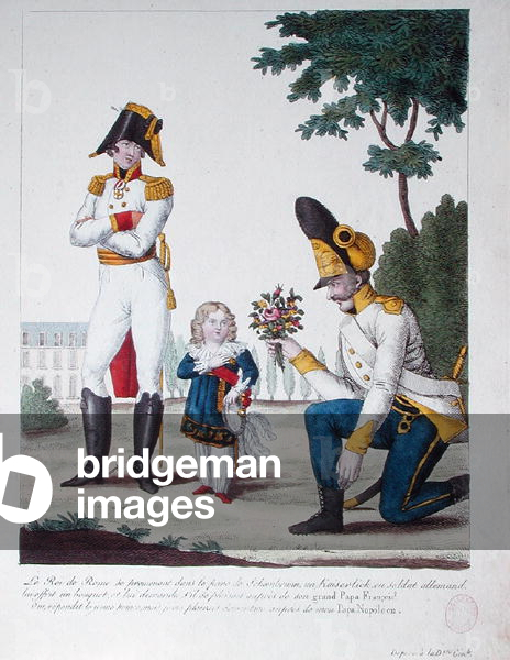 Napoleon II (1811-32) King of Rome in Schonbrunn Park being offered flowers by a German Soldier, 1815 (colour litho)