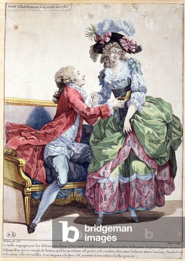 Immagine di Incisione "Piatto moda del 1785 (incisione a colori)", 1785 di Louis Joseph Watteau