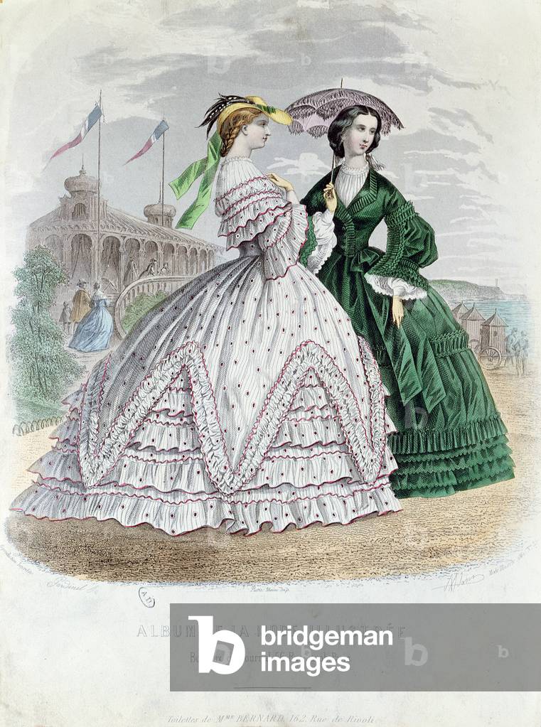 Fashionable Parisian Ladies at the Seaside, 1861 (colour engraving)
