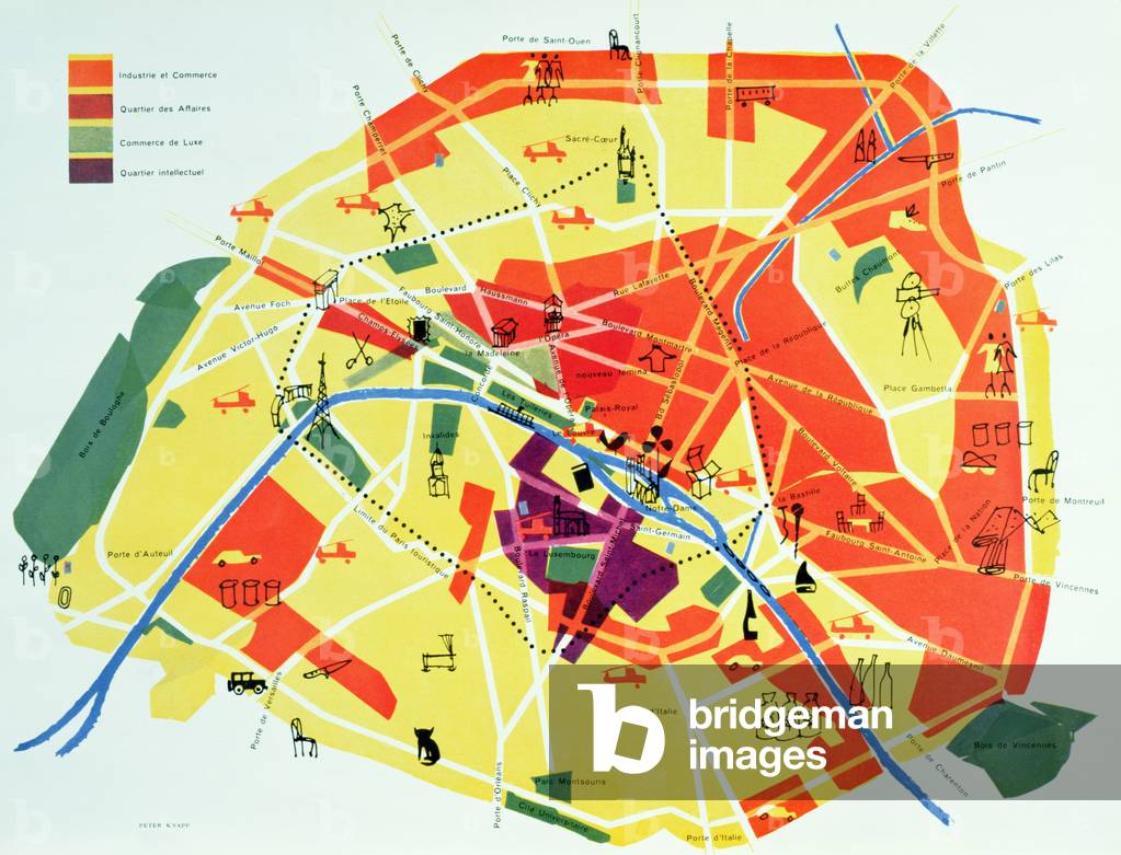 Map of the different quartiers in Paris, illustration from 'Femina' magazine June 1955 (colour litho)
