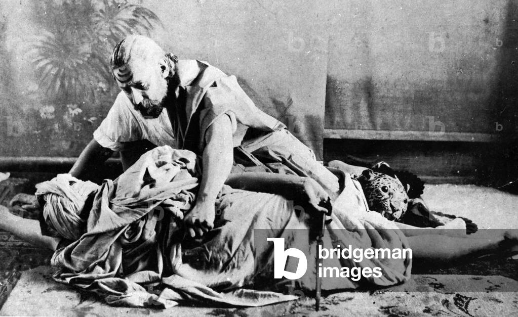 Rabindranath Tagore in the role of Raghupati in his play 'Sacrifice', 1893 (b/w photo)
