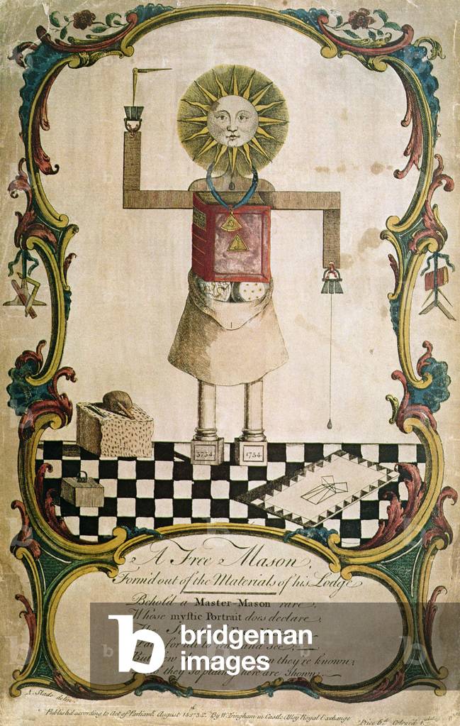 A freemason forged through the tools of his lodge, 1754 (coloured engraving)