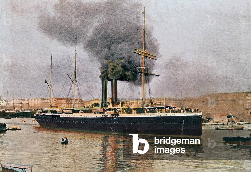 Departure of a Messageries Maritimes ship from Marseille, early 20th century (colour litho)