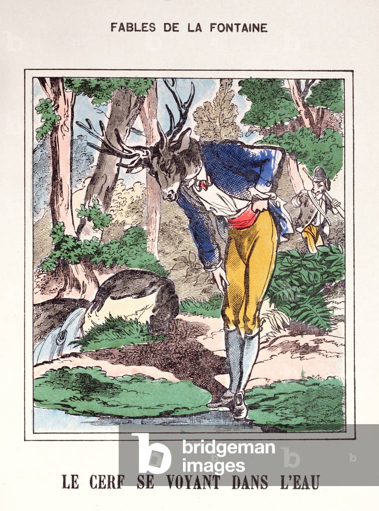 The Deer Seeing Himself in the Water, from 'Fables de La Fontaine' (coloured engraving)