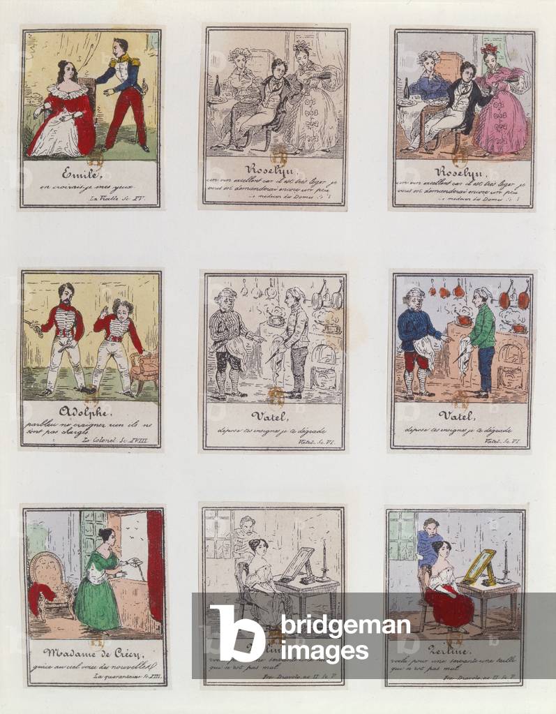 Scene di inizio sec. XIX parigino Vaudeville e Opera-Comique, c1825-35 (colore lito)