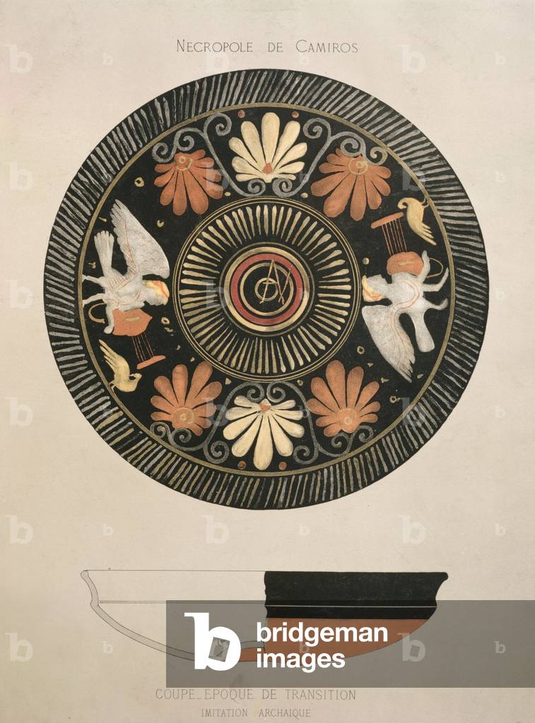 Sirens, copy of an original antique greek vase from the Camiros necropolis, 19th century (colour litho)