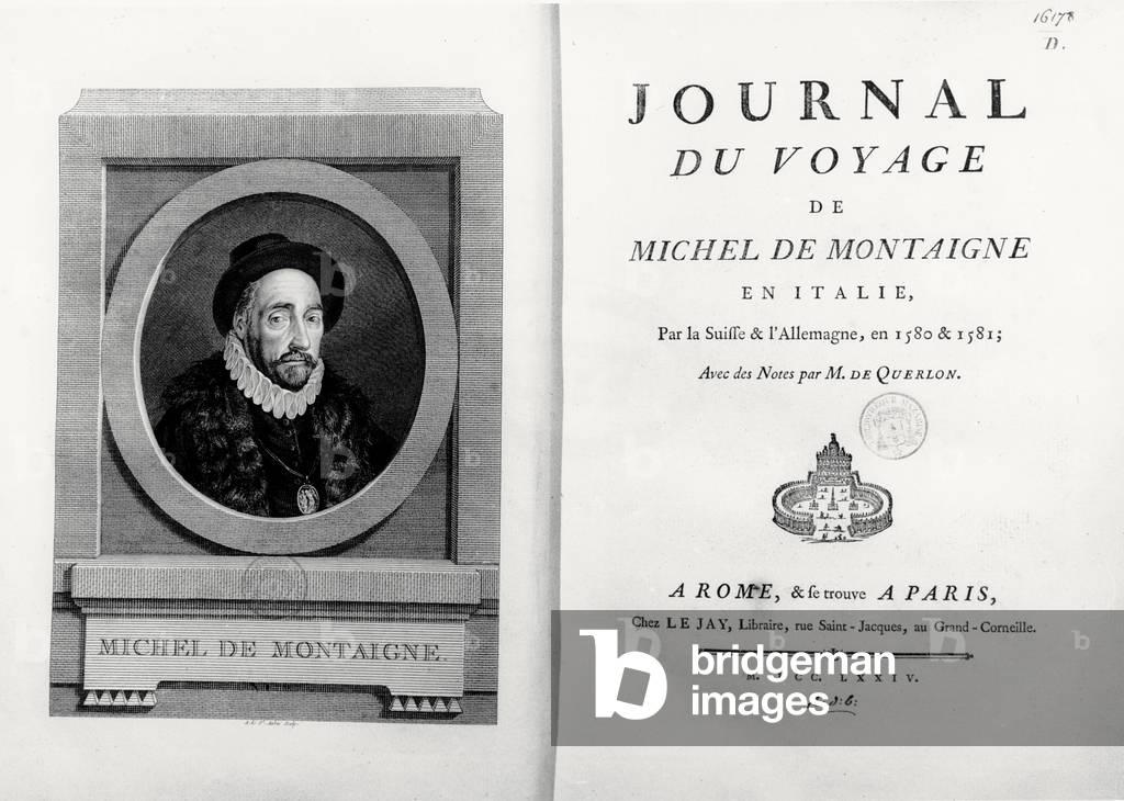 Title page and frontispiece with portrait of the author by A. de Saint Aubin, from 'Journal de Voyage en Italie 1580 et 1581 de Michel de Montaigne', 1774 (engraving)