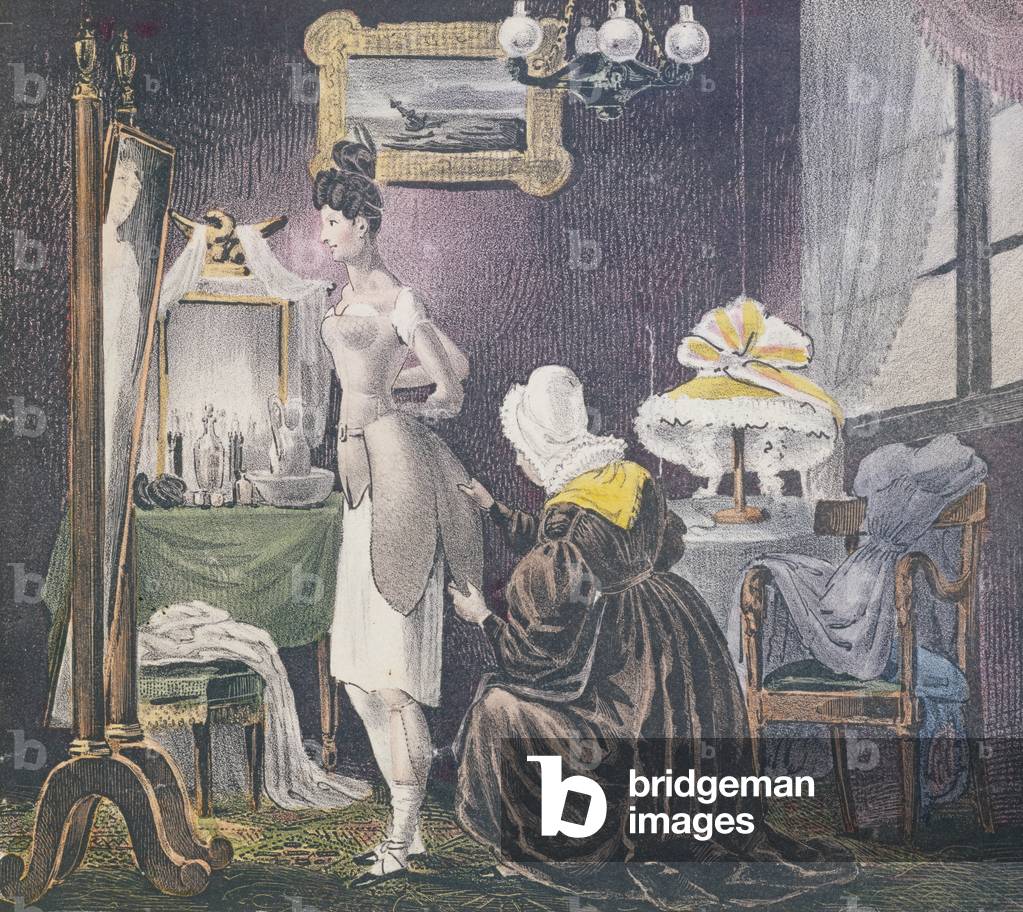 Maid assisting her mistress to dress in padding for breasts and bottom, c.1830 (colour litho)