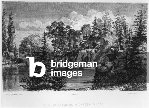 The Cascade in the Bois de Boulogne (engraving) (b/w photo)