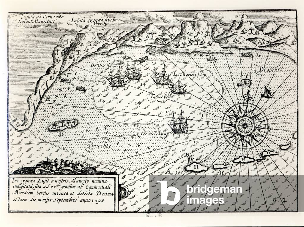 The Arrival of Vice-Admiral Wybrandt Van Warwijck's Flotilla at the South East Port of Mauritius in September 1598 (engraving)