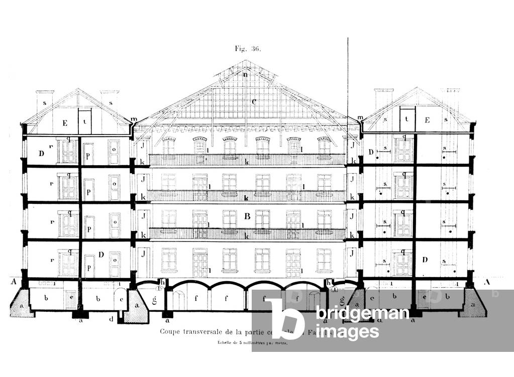 Transverse section of the central part of the familistery of Guise, from 'Solutions Sociales' by Jean-Baptiste