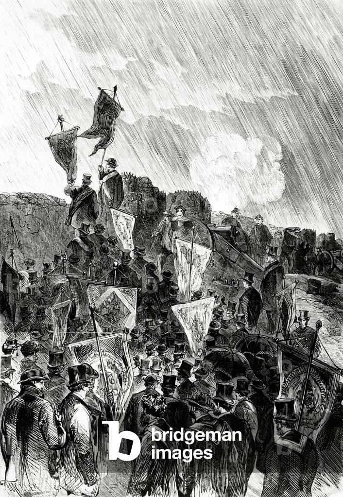 Pacifist Demonstration on the fortifications by Freemasons on 28 April, 1870 to demand the cessation of  the bombardment of Paris, from 'Le Monde Illustré, 5 May, 1870 (engraving)