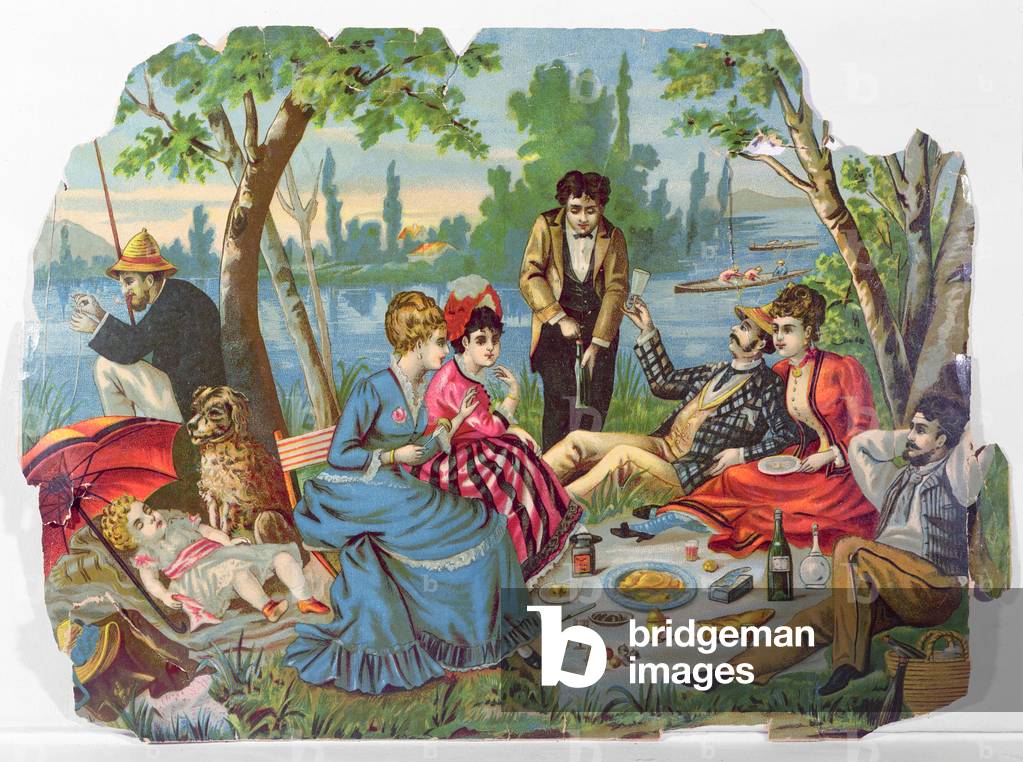 Summer picnic by the river (colour litho)