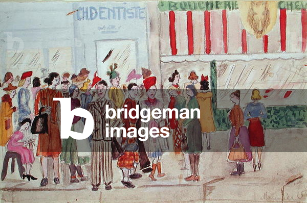 Child's drawing of a queue in front of a butcher's shop, 1941 (gouache on paper)