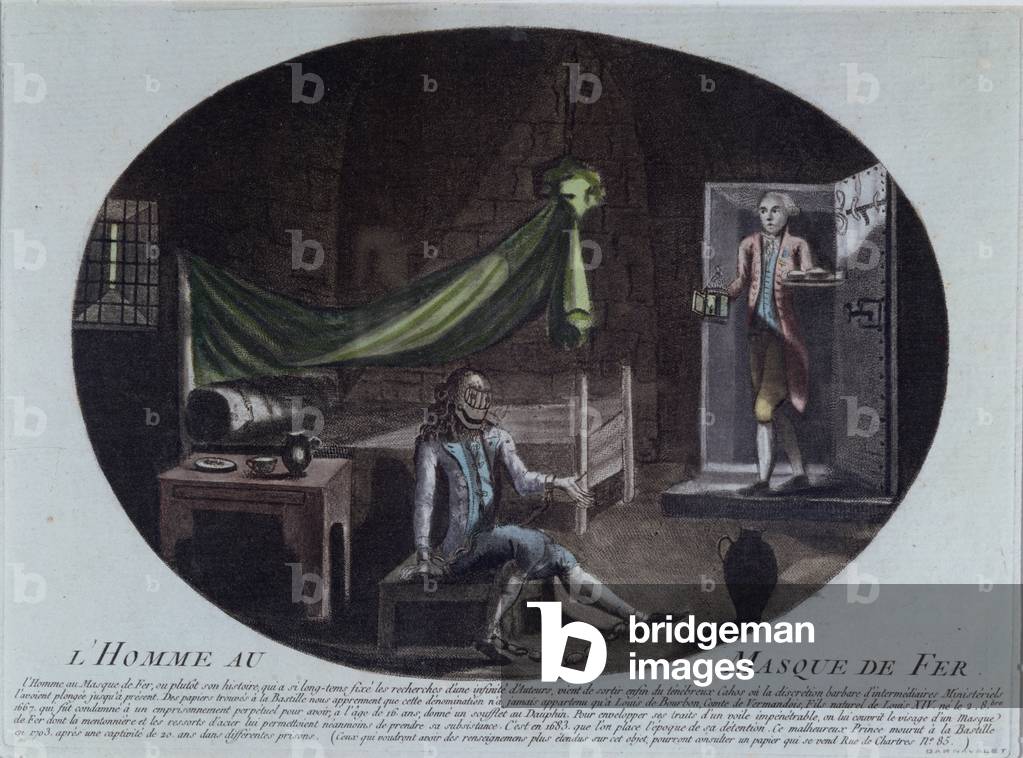 The Man in the Iron Mask (d.1703) imprisoned in the Bastille, print of 1789-90 which identifies him as Louis de Bourbon, Comte de Vermandois, son of Louis XIV (1638-1715) and Louise de la Valliere (1644-1710) (colour engraving)