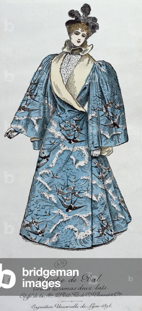 Opera cloak created by the couturier Worth, from a prospectus for the Exposition Universelle de Lyon, 1894 (coloured engraving)