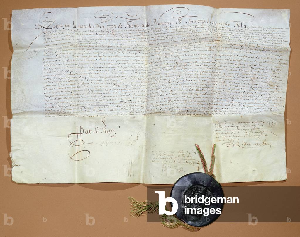 Regio decreto per la creazione dell'Accademia Francese, 1635 (inchiostro su pergamena)