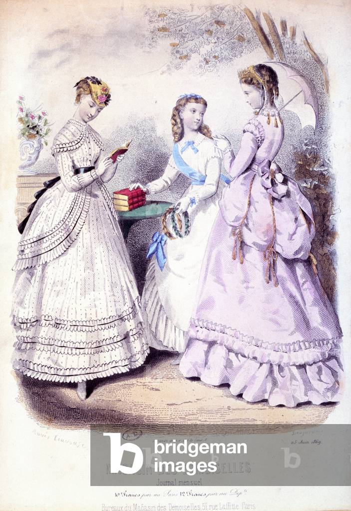 School girls after the prize-giving ceremony, fashion plate advertising the 'Magasin des Demoiselles', 1869 (coloured engraving)