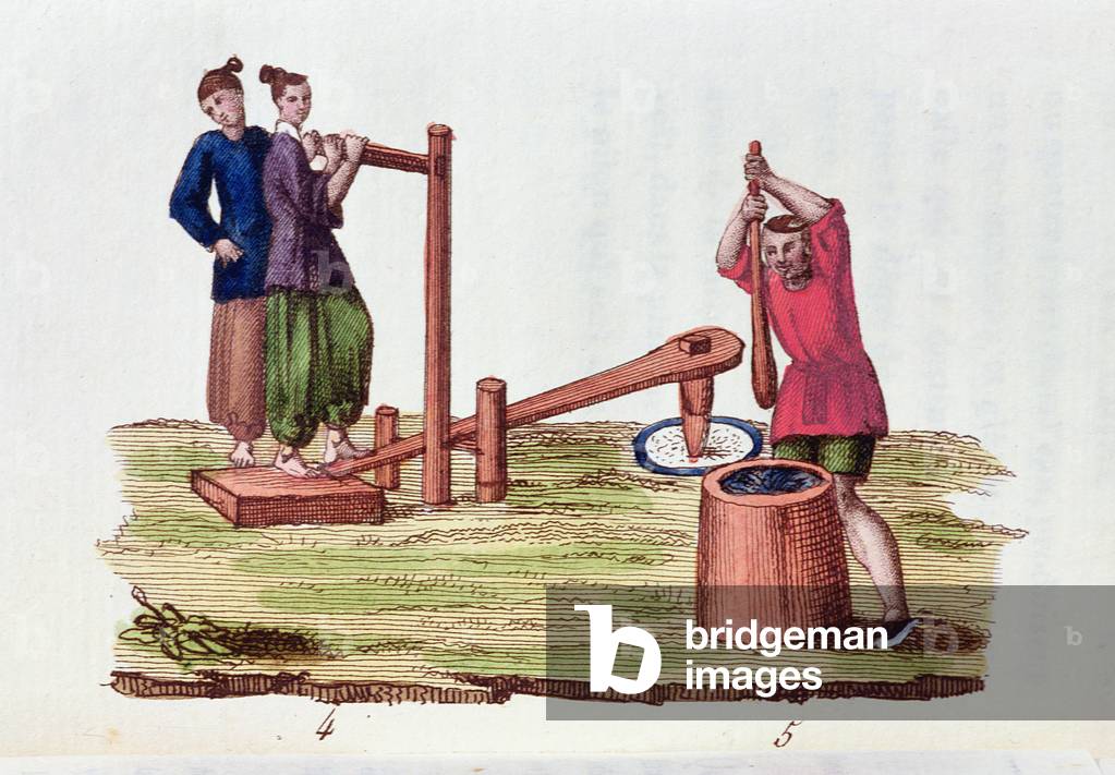 Paper manufacturing from bamboo, from 'La Chine en Miniatures' by M. Breton, published in Paris, 1811 (coloured engraving)