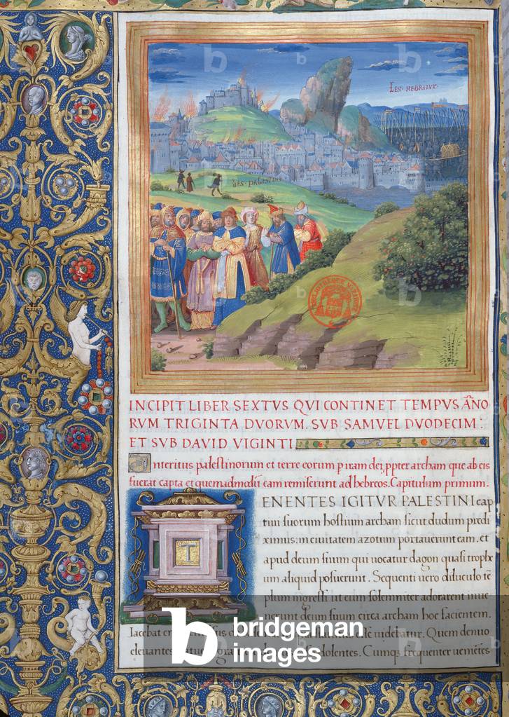Ms. 1581 f. 108v  Illustration from Book VI ('From the Death of Eli to the Death of Saul'), Chapter 1 of the 'Antiquities of the Jews' ('Antiquitates Judaicae') by Flavius Josephus - 'The destruction that came upon the Philistines and on their land by the wrath of God on account of their capture of the Ark and how they returned it to the Hebrews'', c.1503 (vellum) (see also 694961)