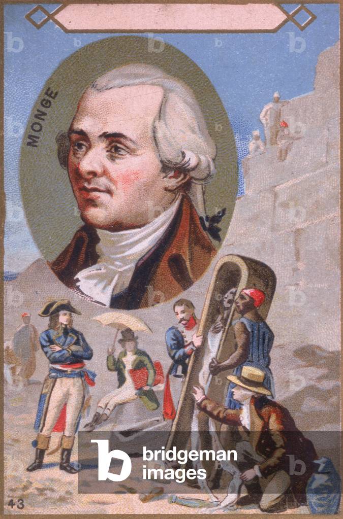 Promotional card depicting Gaspard Monge (1746-1818) presenting a mummy to Napoleon Bonaparte (1769-1821) during the Egyptian campaign, late 19th century (colour litho)