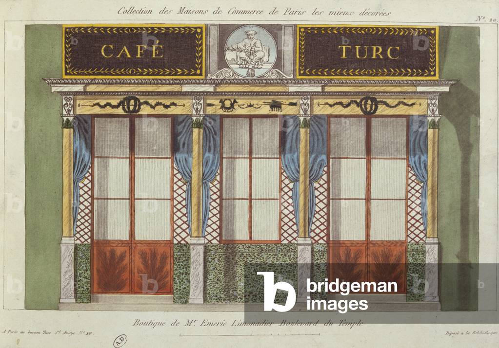 Design for the facade of the 'Cafe Turc', from a series depicting the best decorated commercial buildings in Paris, c.1810 (colour litho)