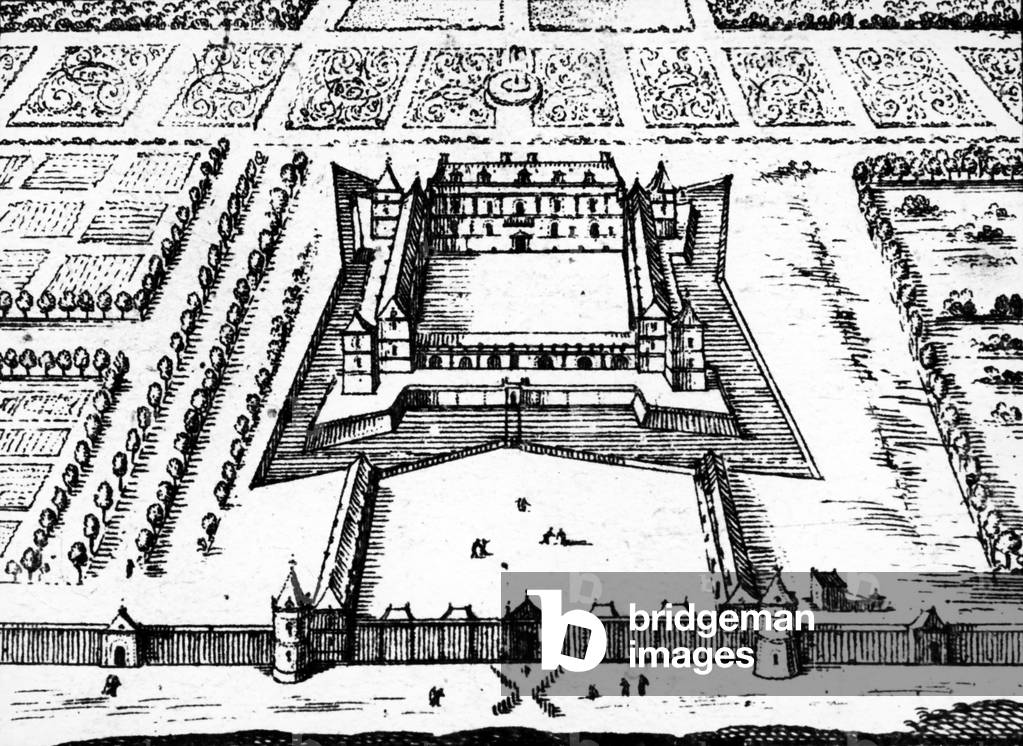 View of the royal hunting lodge at Versailles as it was in the late 1620's and 1630's, built for King Louis XIII, 1652 (engraving)