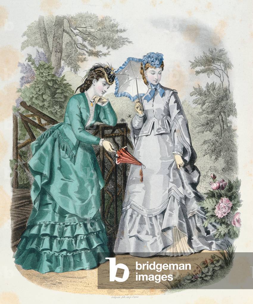 Elegant women in a garden, from 'La Mode Illustrée', 1871 (coloured engraving)