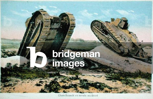 Postcard depicting Renault tanks on uneven terrain, 1914-18 (colour litho)