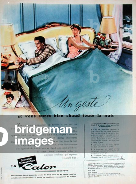 'A single movement and you'll be kept snug all night', advertisement for the Calor electric blanket, from 'Elle' magazine, 20th February 1956 (colour litho)