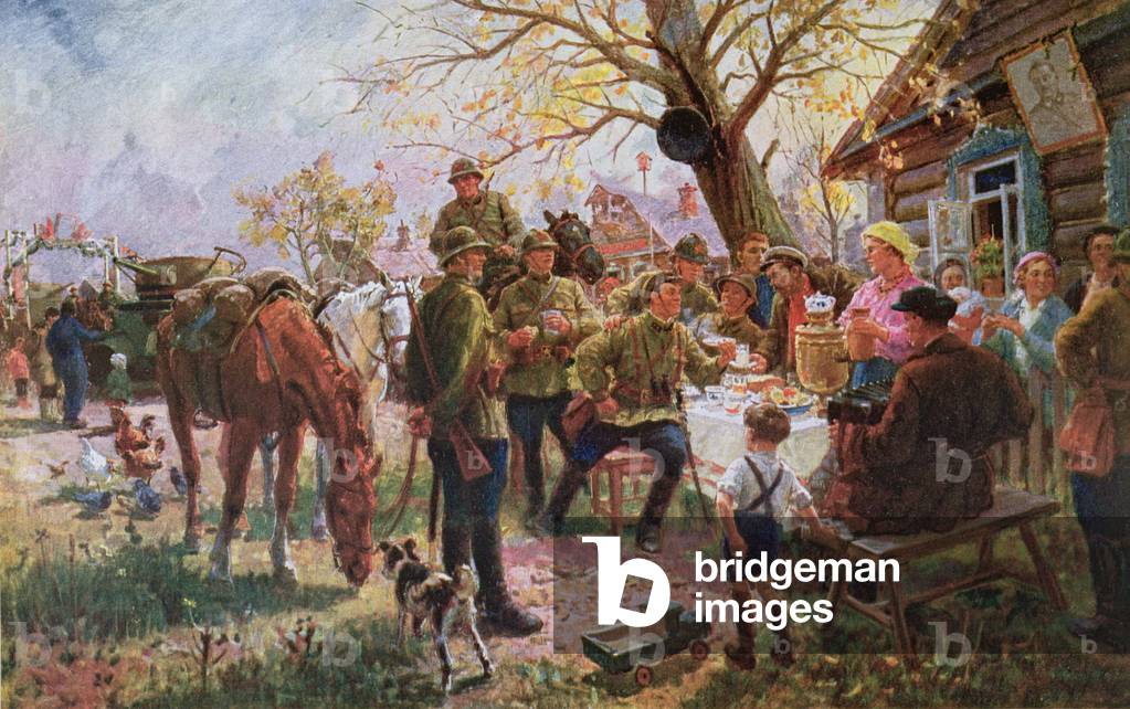 Soldiers of the Red Army on manoeuvre receive a welcome and rest at a Kolkhoze, 1937 (colour litho)