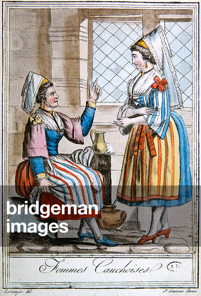 Women from the Caux region of Normandy, illustration from 'Encyclopedie des Voyages', engraved by Labrousse, 1796 (coloured engraving)