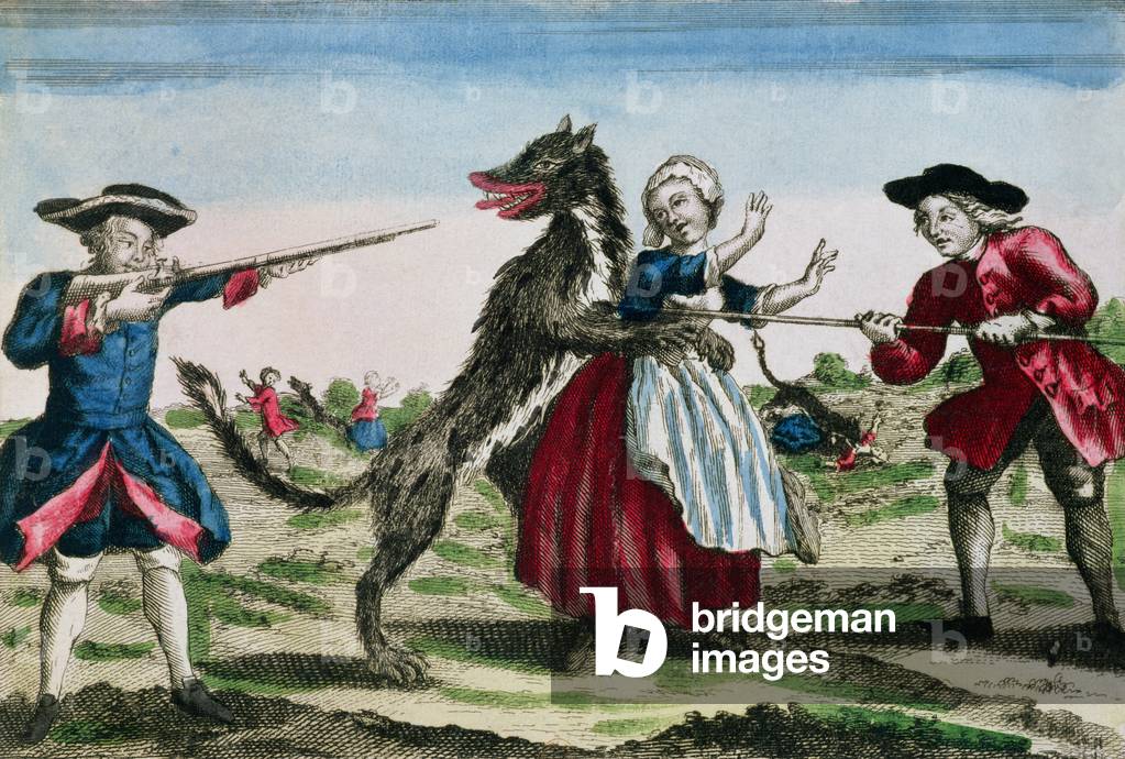 The Beast of Gevaudan, published by Basset, 1764 (colour engraving)