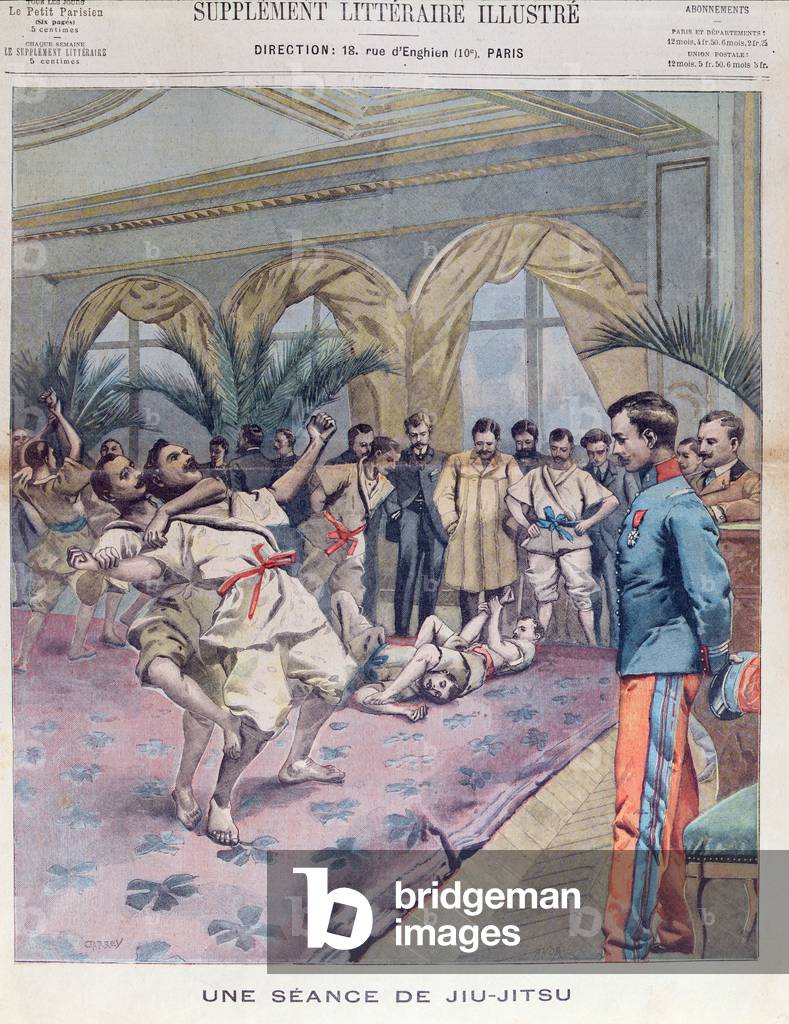 A Jiu-Jitsu Session in France, illustration from 'Le Petit Parisien', 1905 (colour litho)
