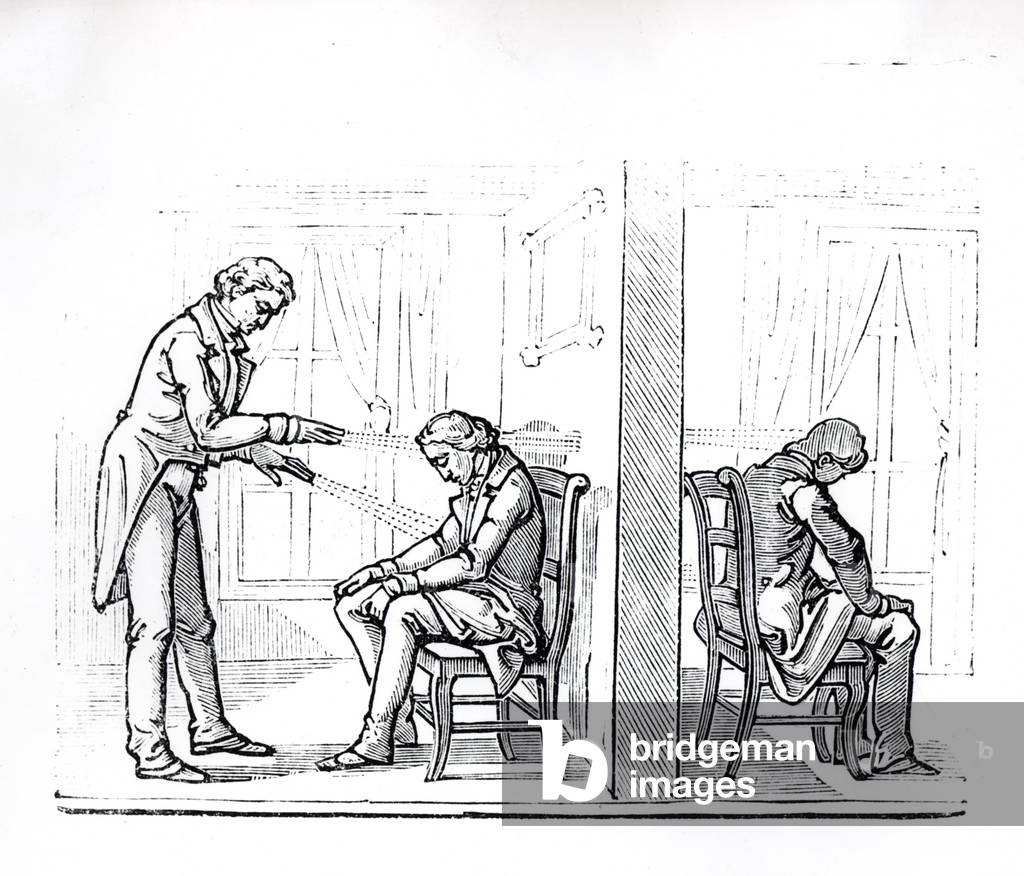 magnetism can travel through walls, 1863 (engraving)