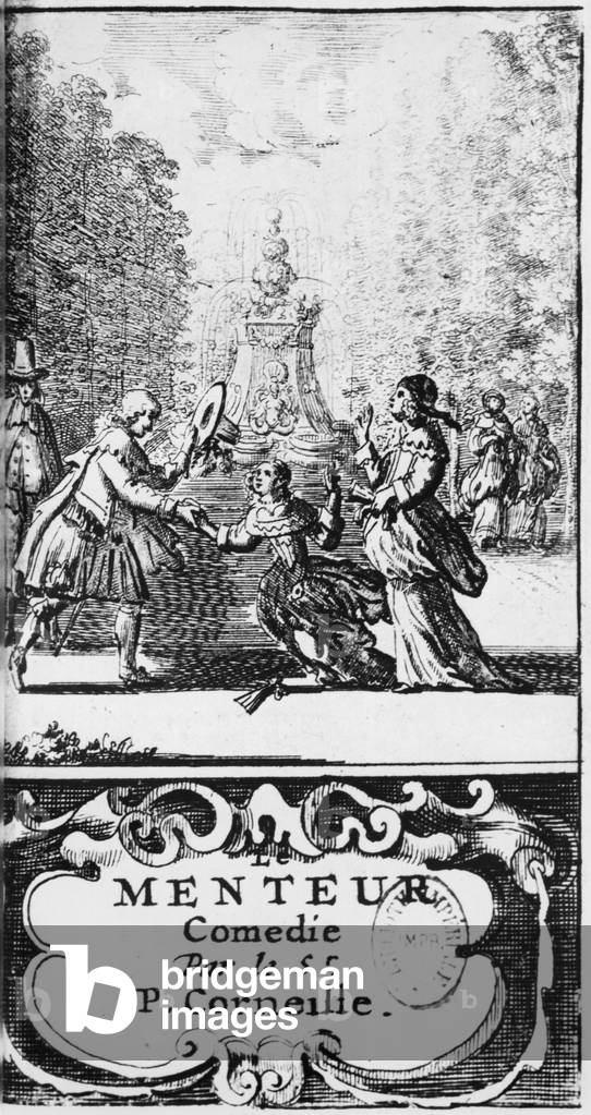 Frontispiece of 'Le Menteur' by Pierre Corneille (1606-84) published in 1664, Amsterdam (engraving) (b/w photo)
